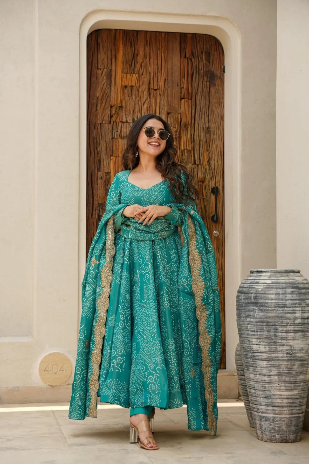 EMILY GREEN BANDHEJ MASLIN ANARKALI SUIT SET