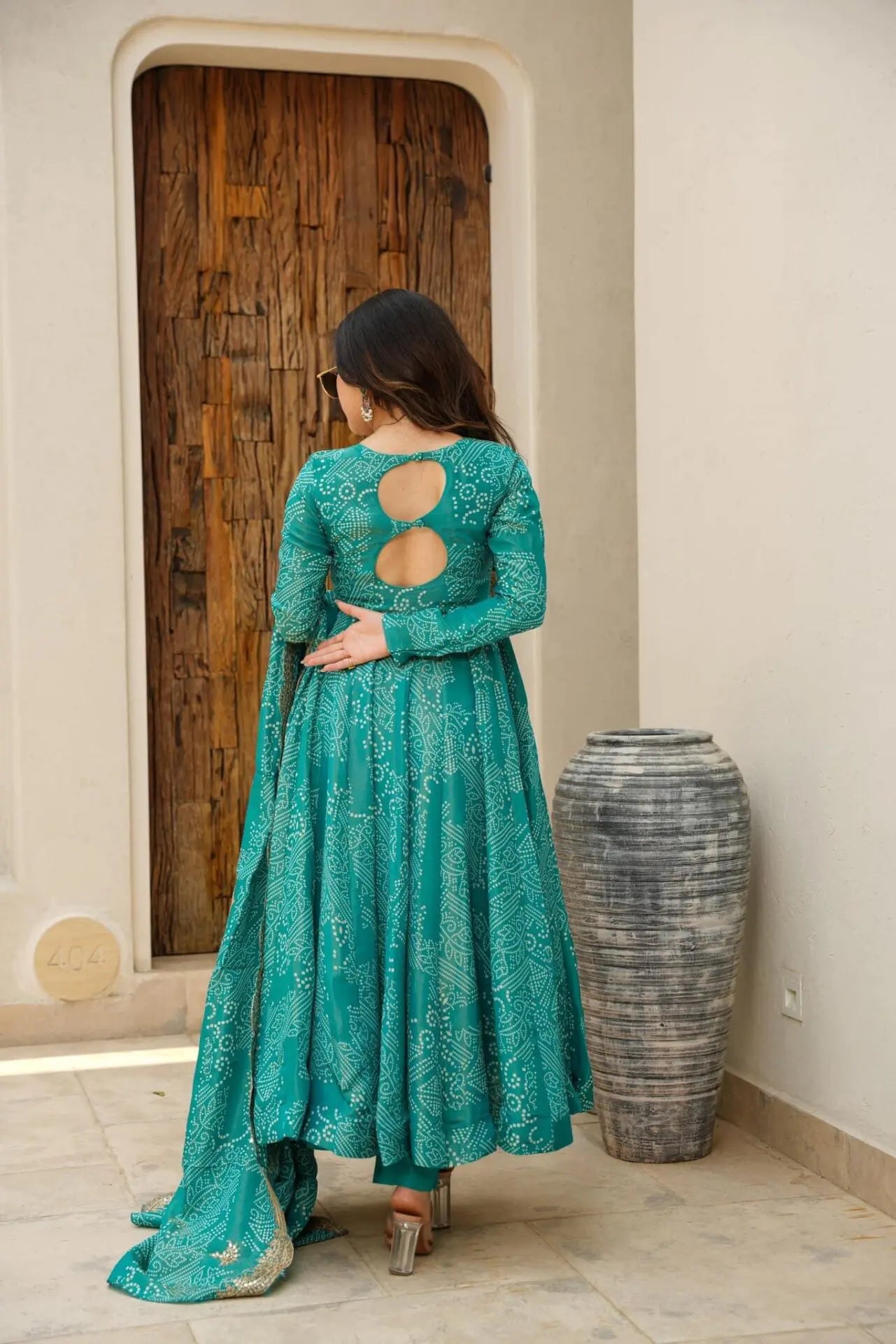 EMILY GREEN BANDHEJ MASLIN ANARKALI SUIT SET