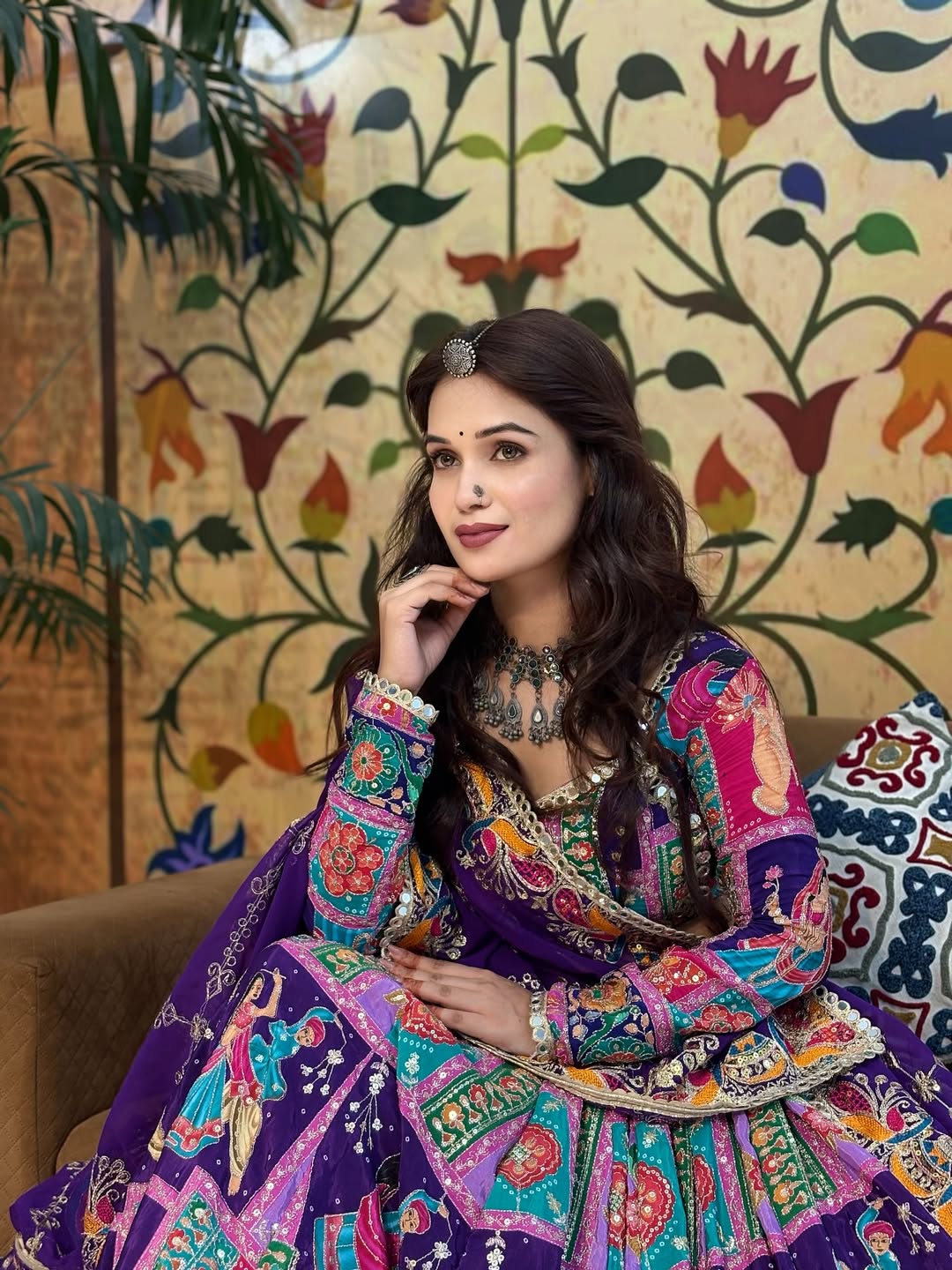 Royal Purple Real Mirror & Print Work Navratri Lehenga Choli