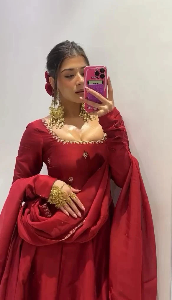 Kisakshi Red Ombre Natural Crep Beautiful Designer Anarkali