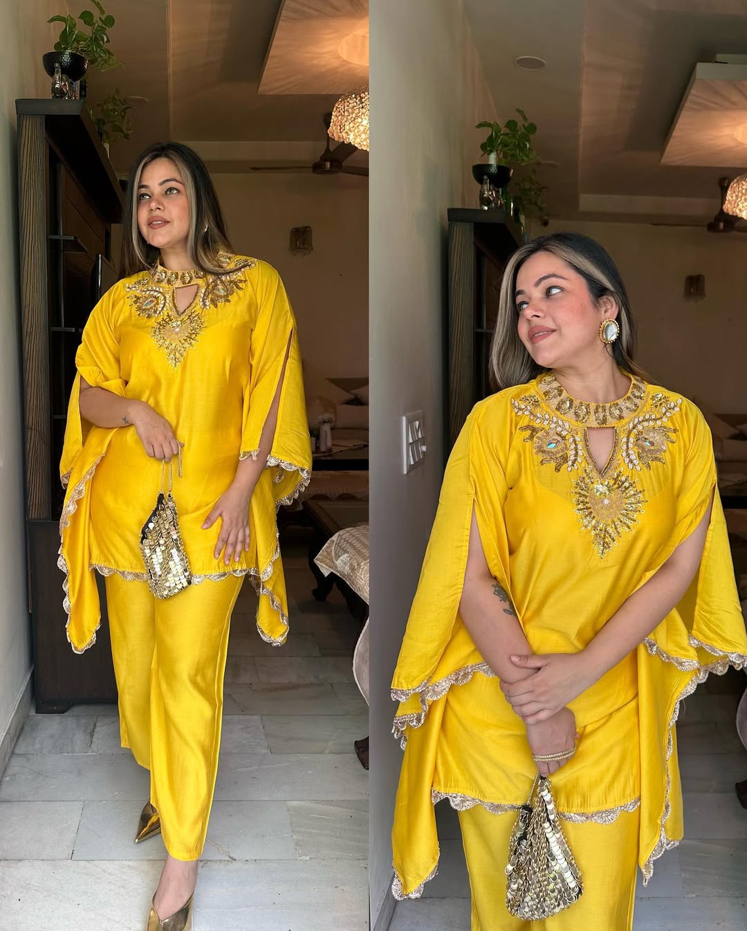 Vibrant Yellow Satin Tunic with Embellished Neckline