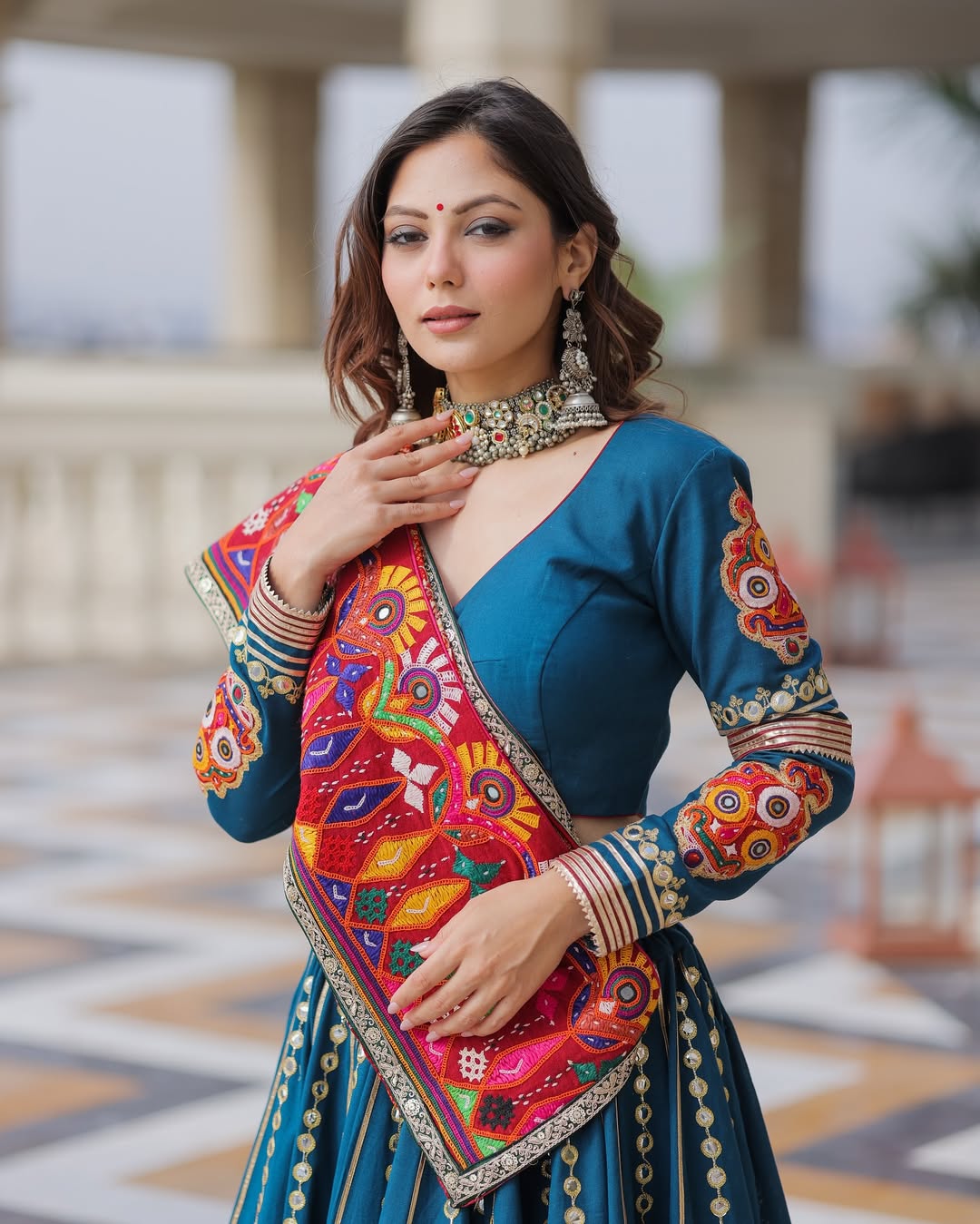 Teal Blue Garba Lehenga with Vibrant Kutch Patchwork & Real Mirror Detailing