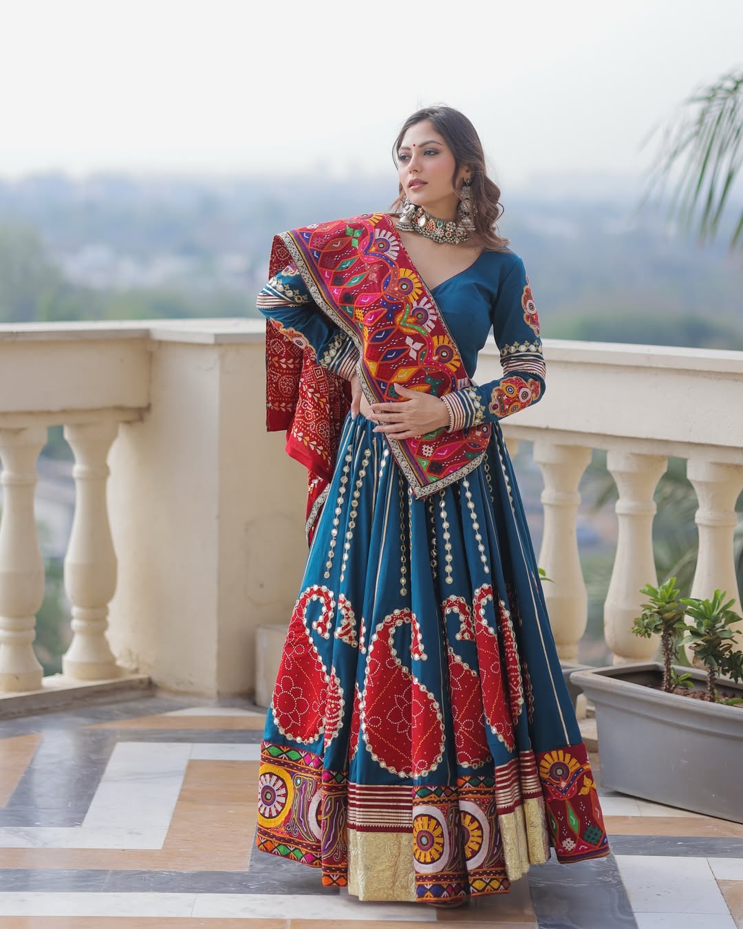 Teal Blue Garba Lehenga with Vibrant Kutch Patchwork & Real Mirror Detailing