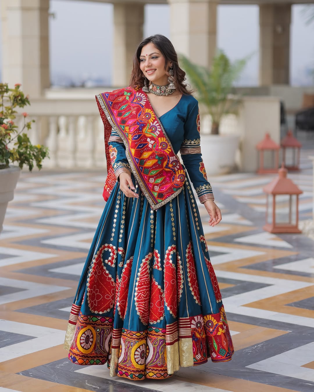 Teal Blue Garba Lehenga with Vibrant Kutch Patchwork & Real Mirror Detailing