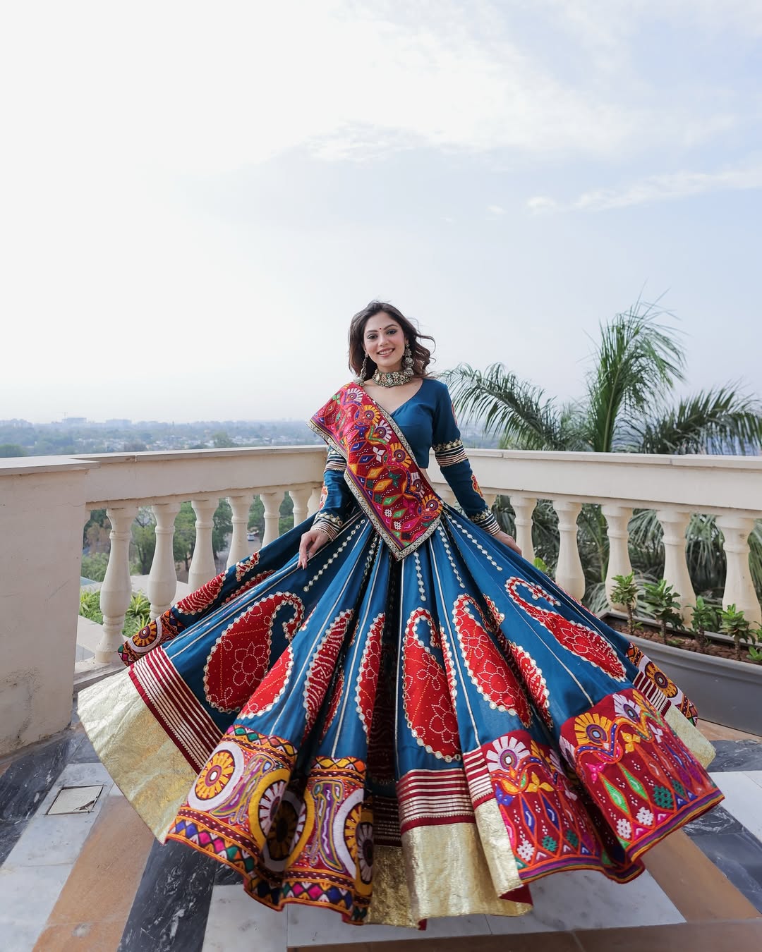 Teal Blue Garba Lehenga with Vibrant Kutch Patchwork & Real Mirror Detailing