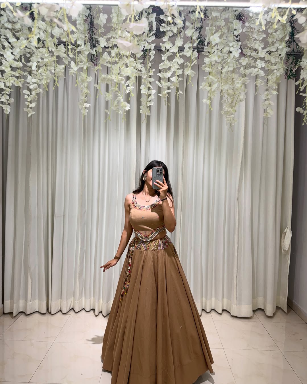 Elegant Mocha Mirror Work Lehenga Set