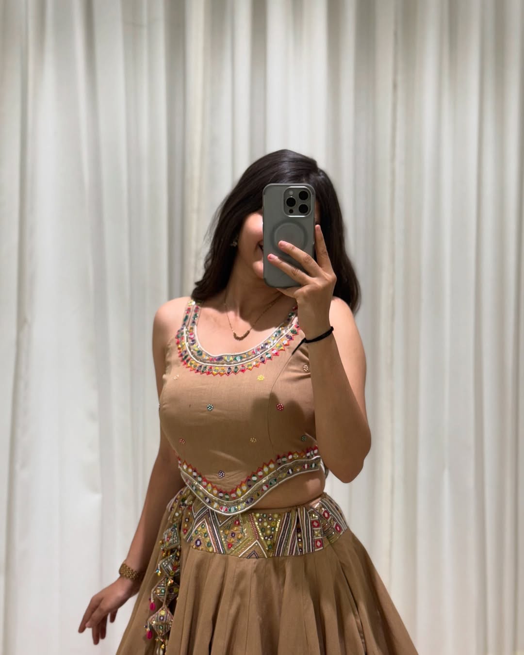 Elegant Mocha Mirror Work Lehenga Set