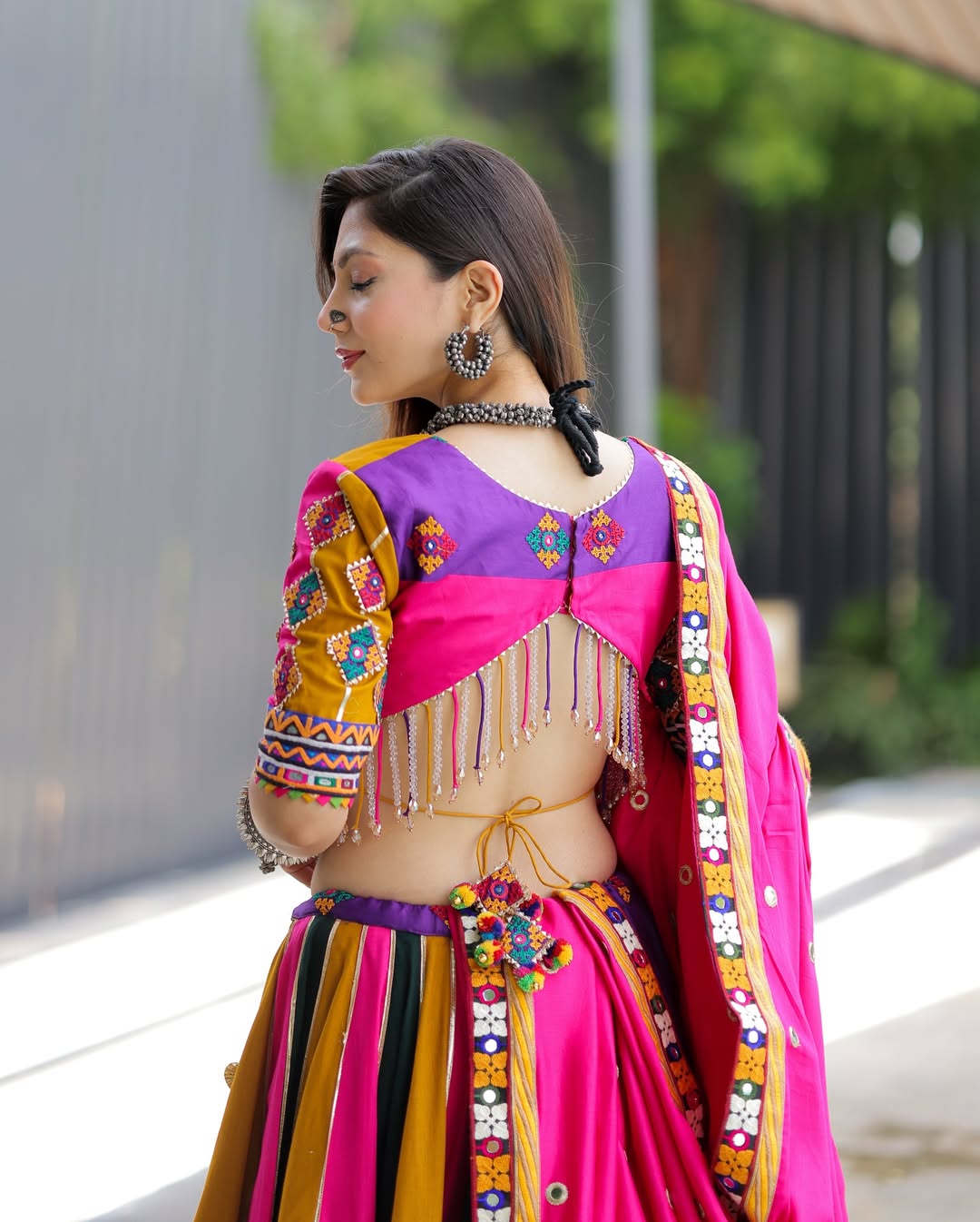 Multicolor Garba Lehenga with Pink Dupatta & Heavy Mirror Embroidery