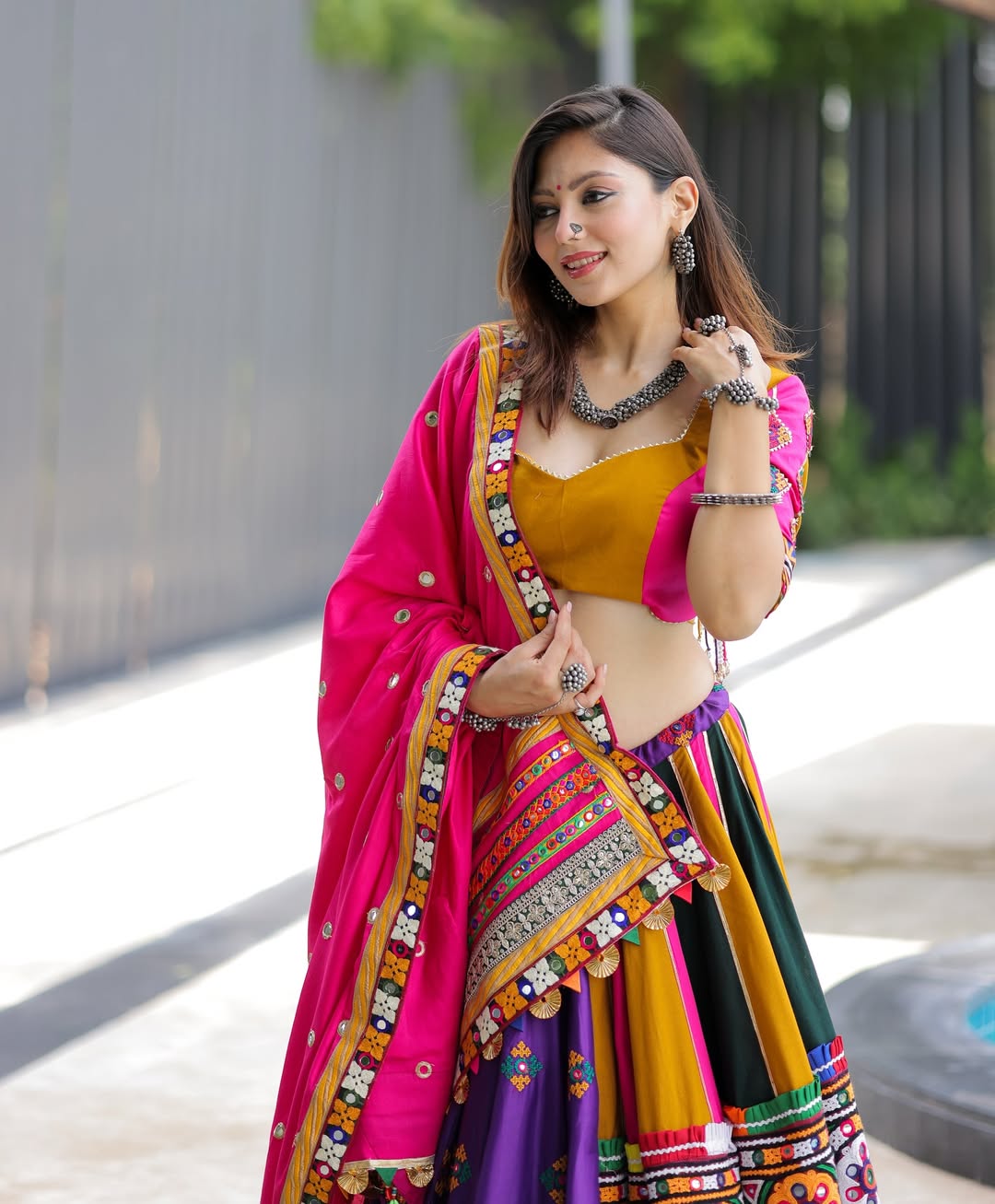 Multicolor Garba Lehenga with Pink Dupatta & Heavy Mirror Embroidery