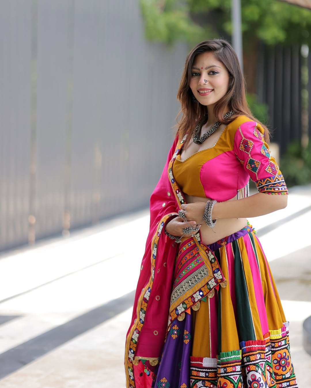 Multicolor Garba Lehenga with Pink Dupatta & Heavy Mirror Embroidery