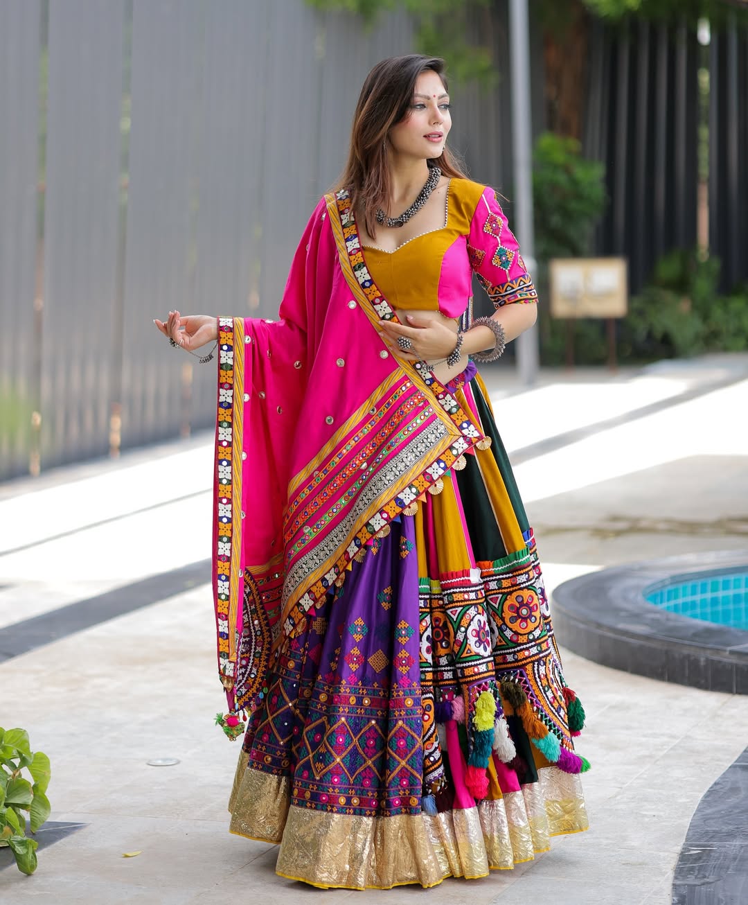 Multicolor Garba Lehenga with Pink Dupatta & Heavy Mirror Embroidery
