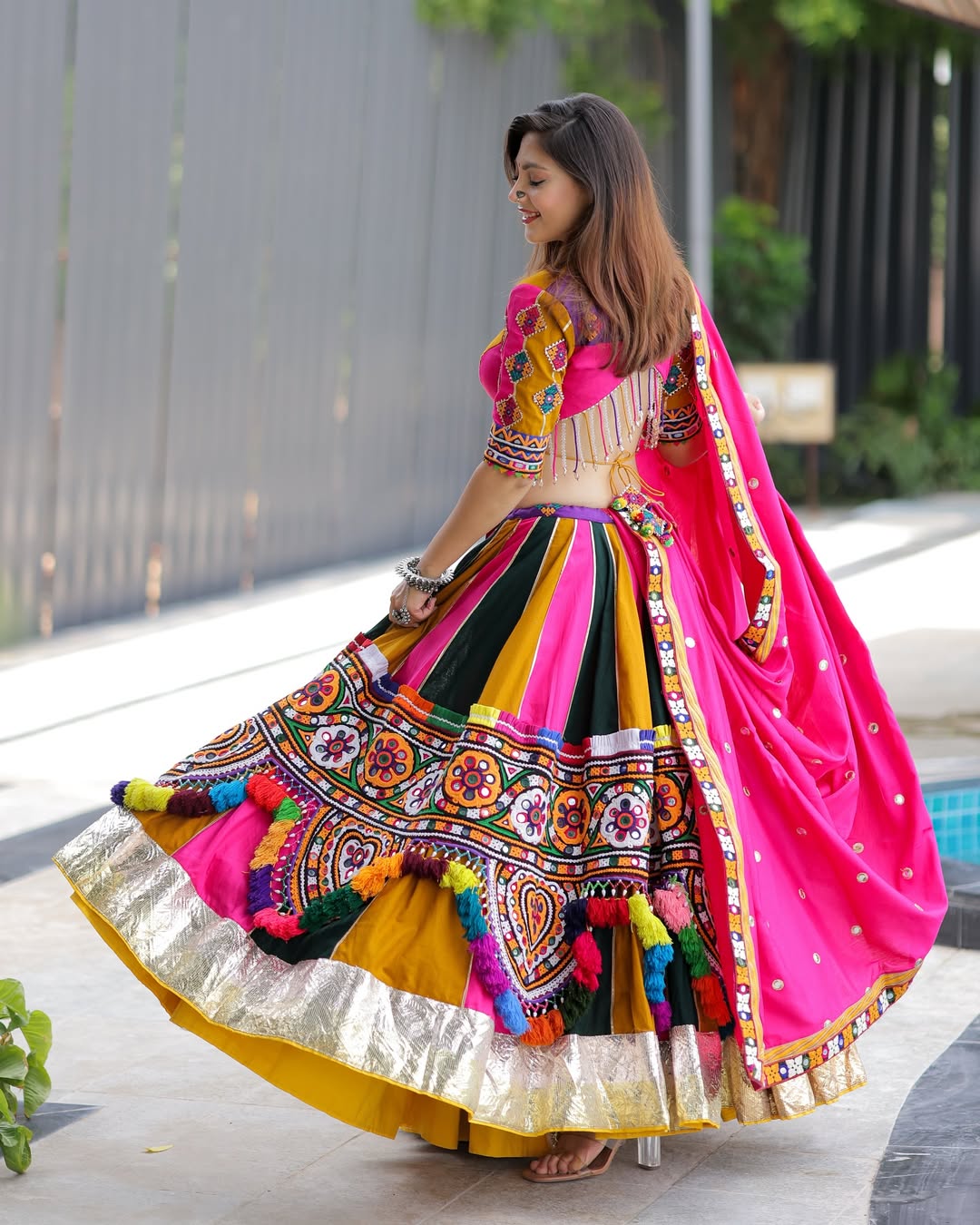 Multicolor Garba Lehenga with Pink Dupatta & Heavy Mirror Embroidery
