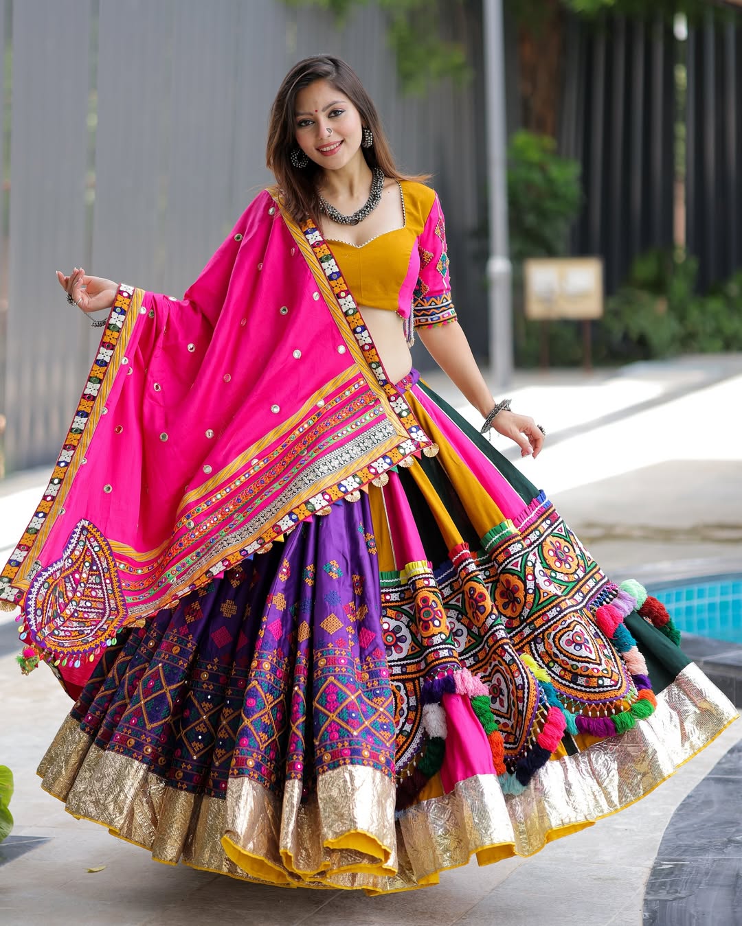 Multicolor Garba Lehenga with Pink Dupatta & Heavy Mirror Embroidery