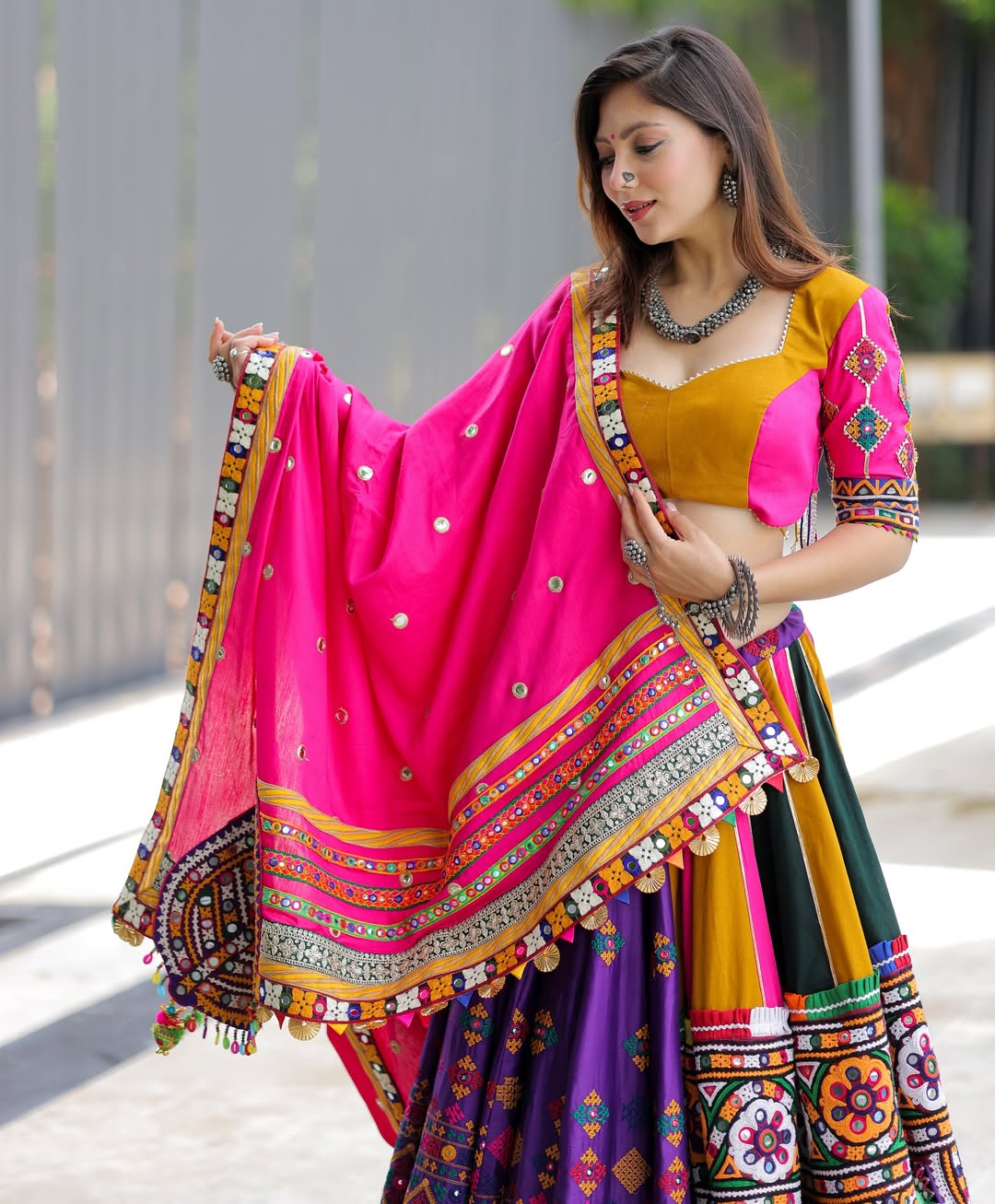 Multicolor Garba Lehenga with Pink Dupatta & Heavy Mirror Embroidery