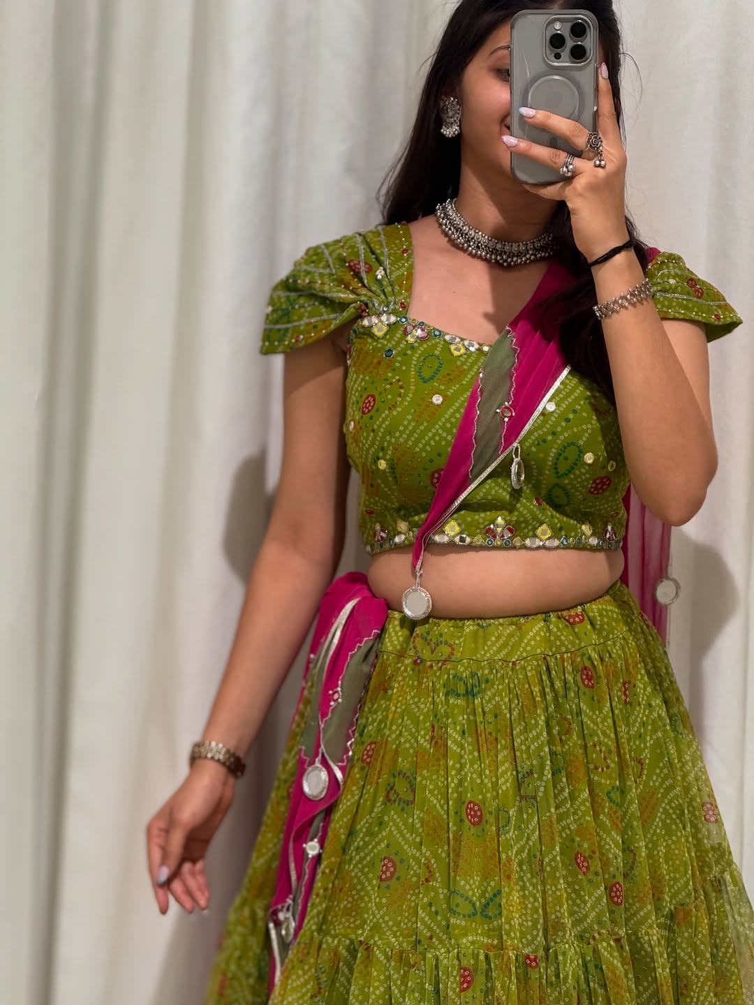 Bandhani Green & Rani Pink Traditional Navratri Lehenga