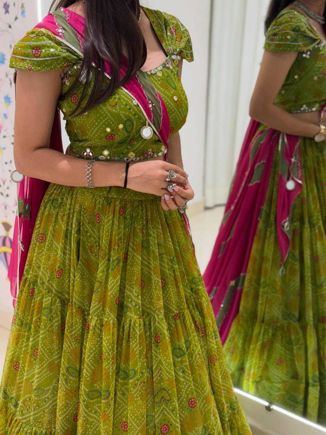 Bandhani Green & Rani Pink Traditional Navratri Lehenga