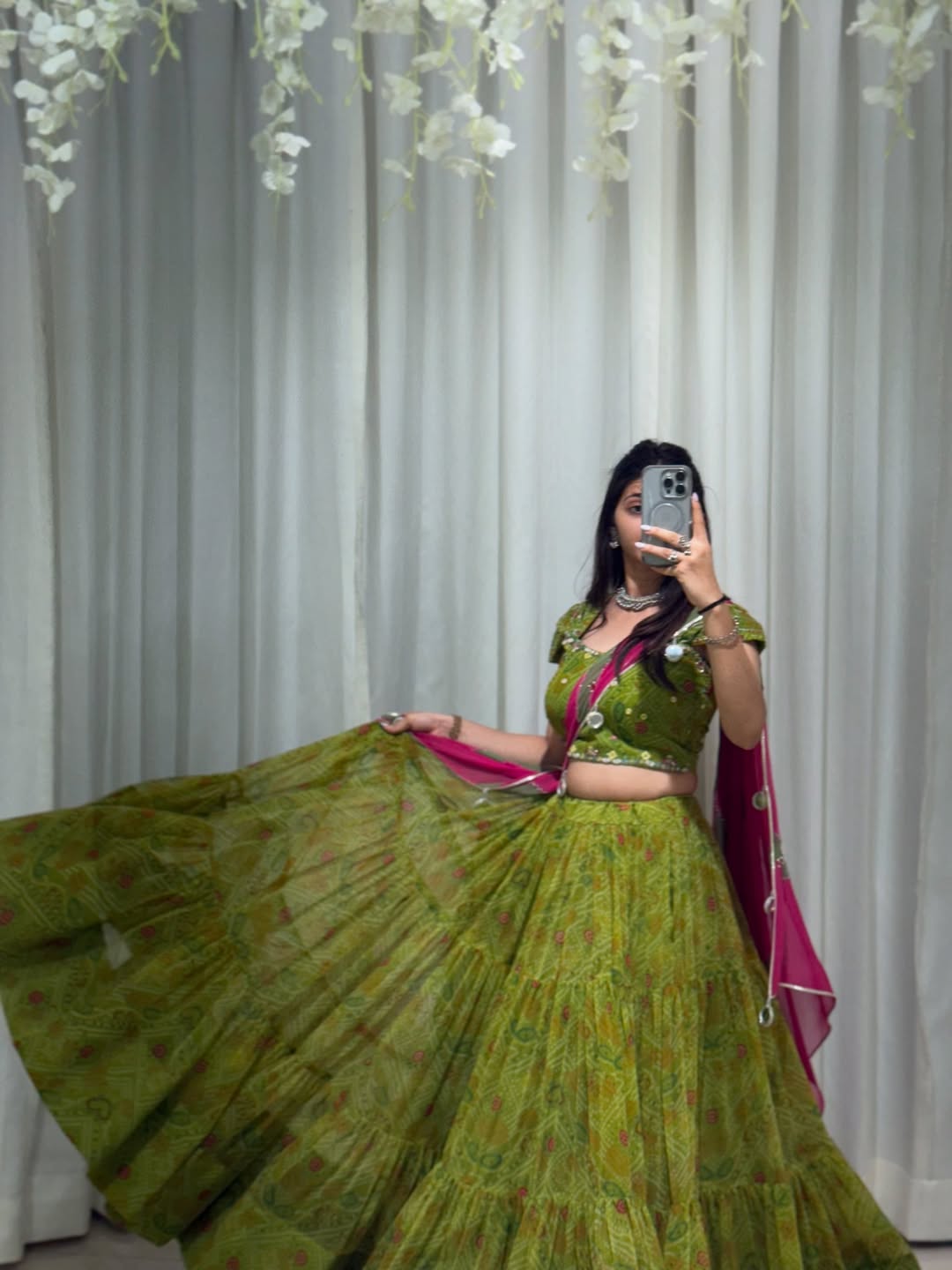 Bandhani Green & Rani Pink Traditional Navratri Lehenga