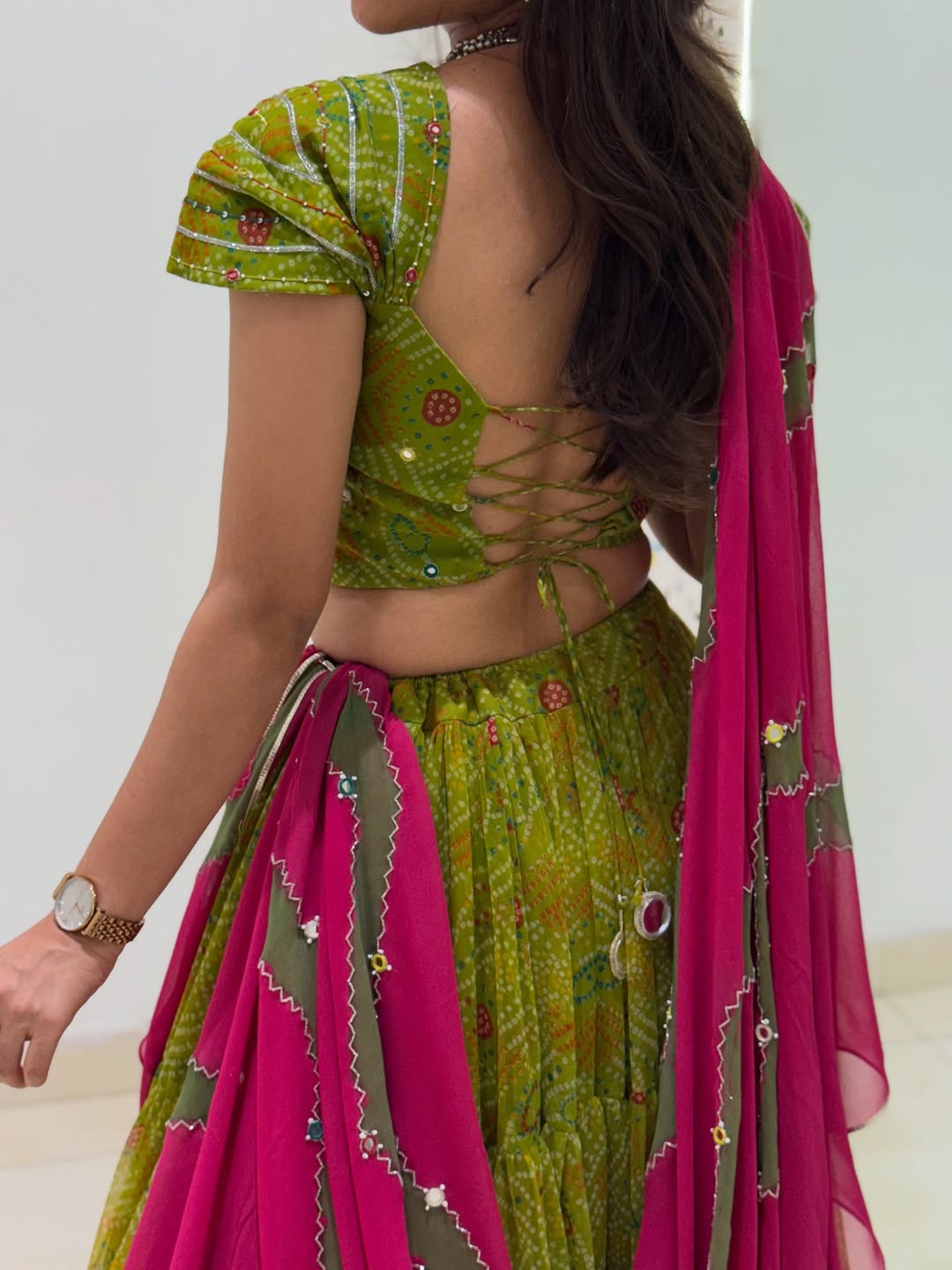 Bandhani Green & Rani Pink Traditional Navratri Lehenga
