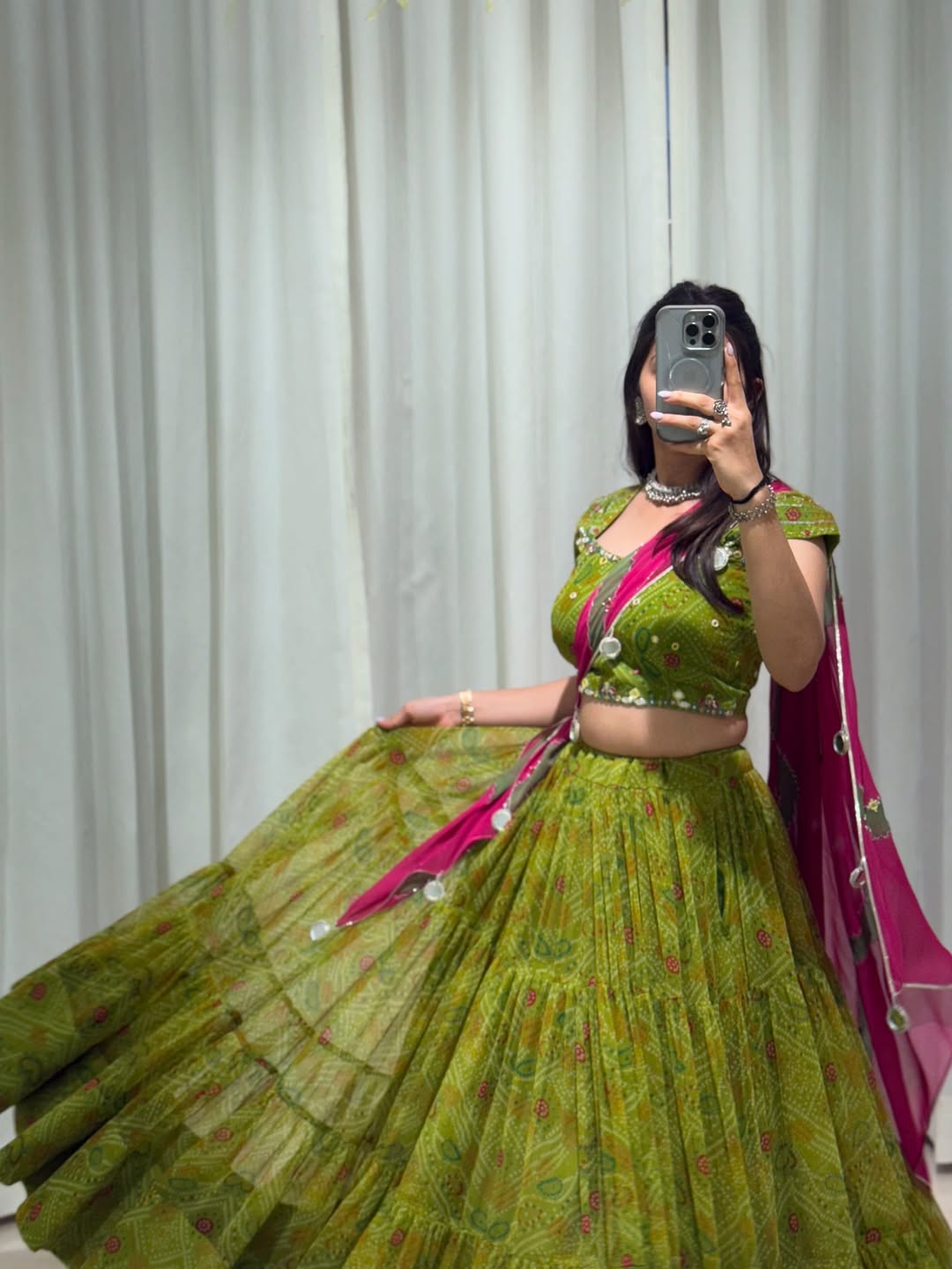 Bandhani Green & Rani Pink Traditional Navratri Lehenga