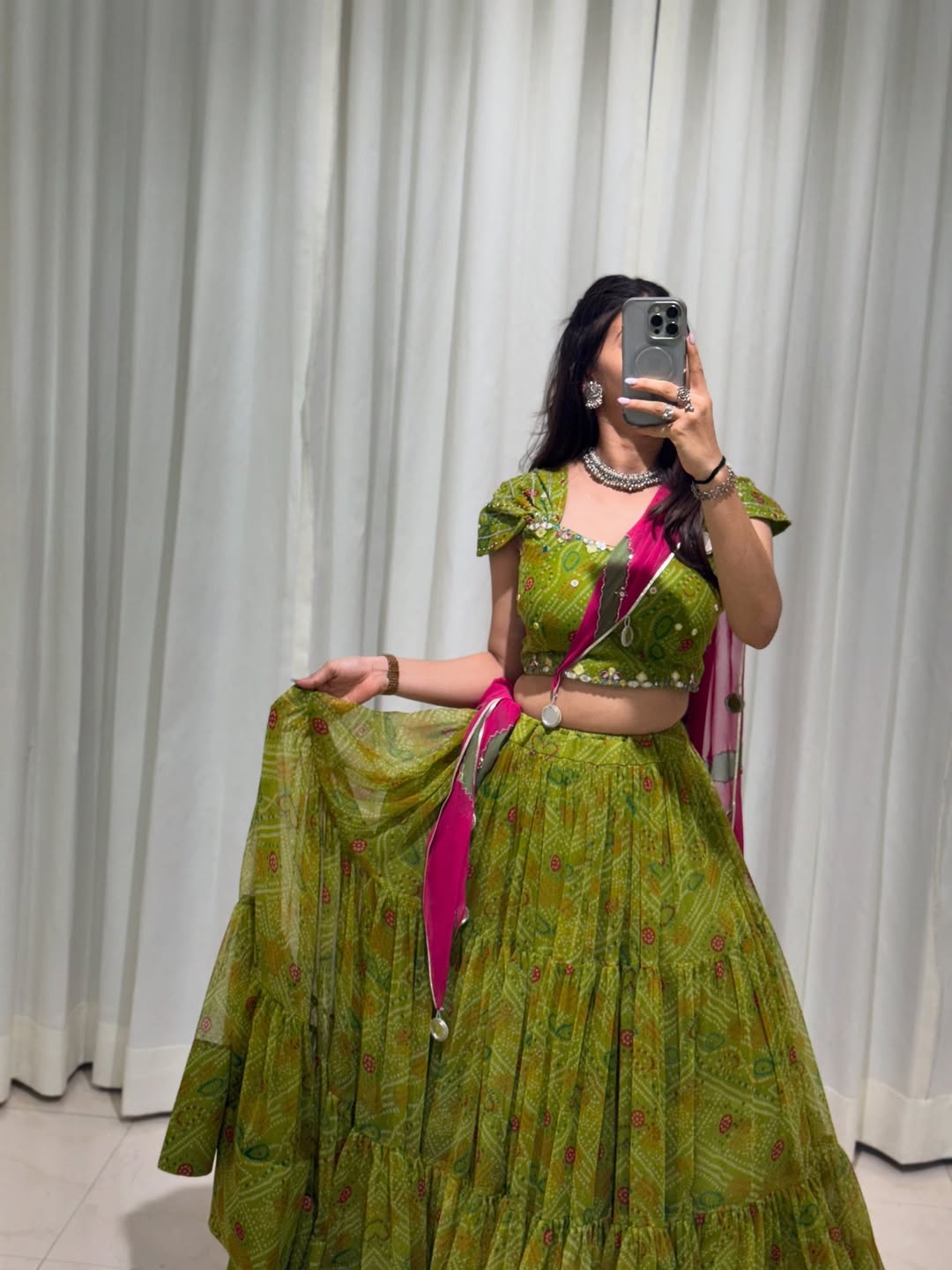 Bandhani Green & Rani Pink Traditional Navratri Lehenga