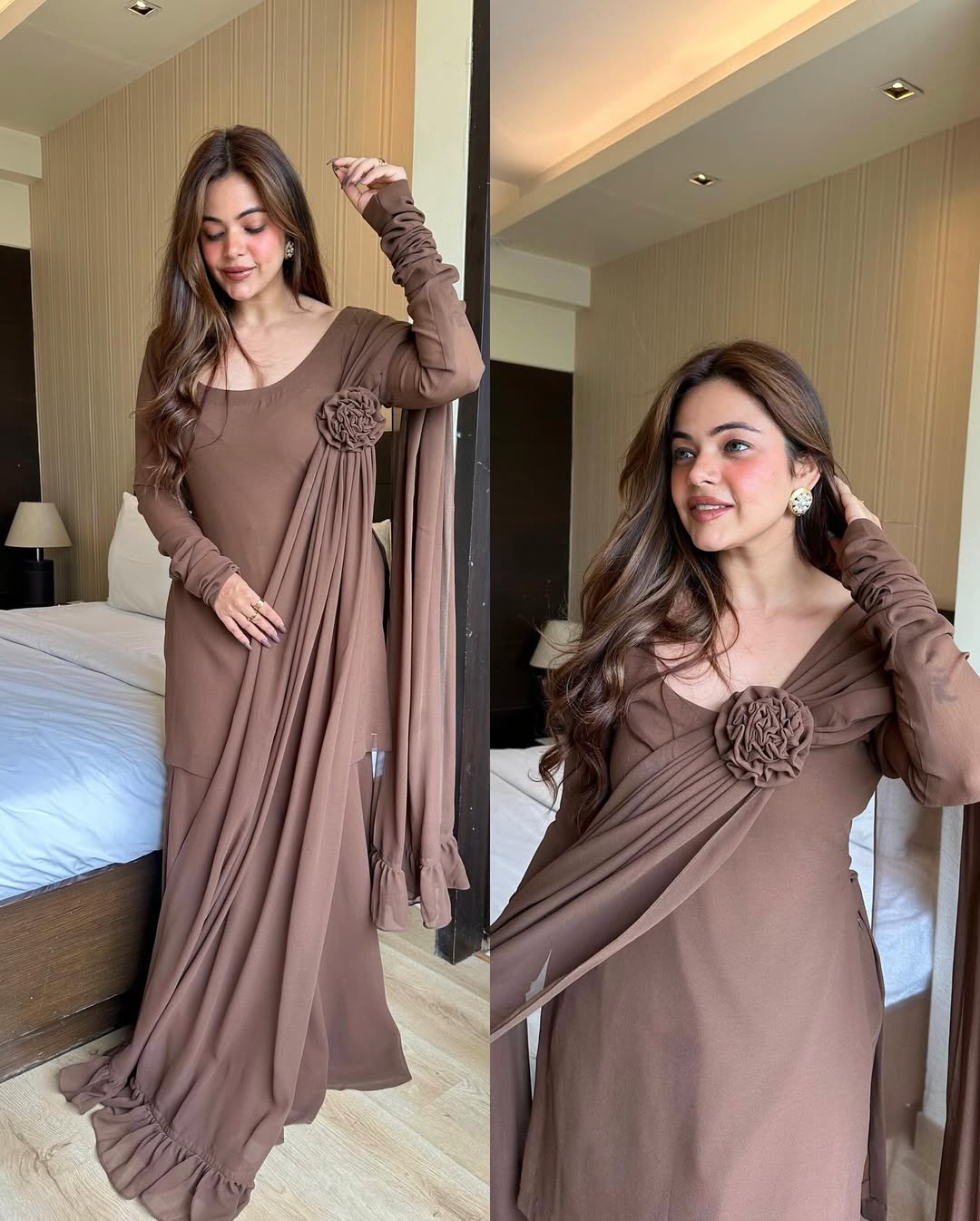 Brown Floral Embroidered Set