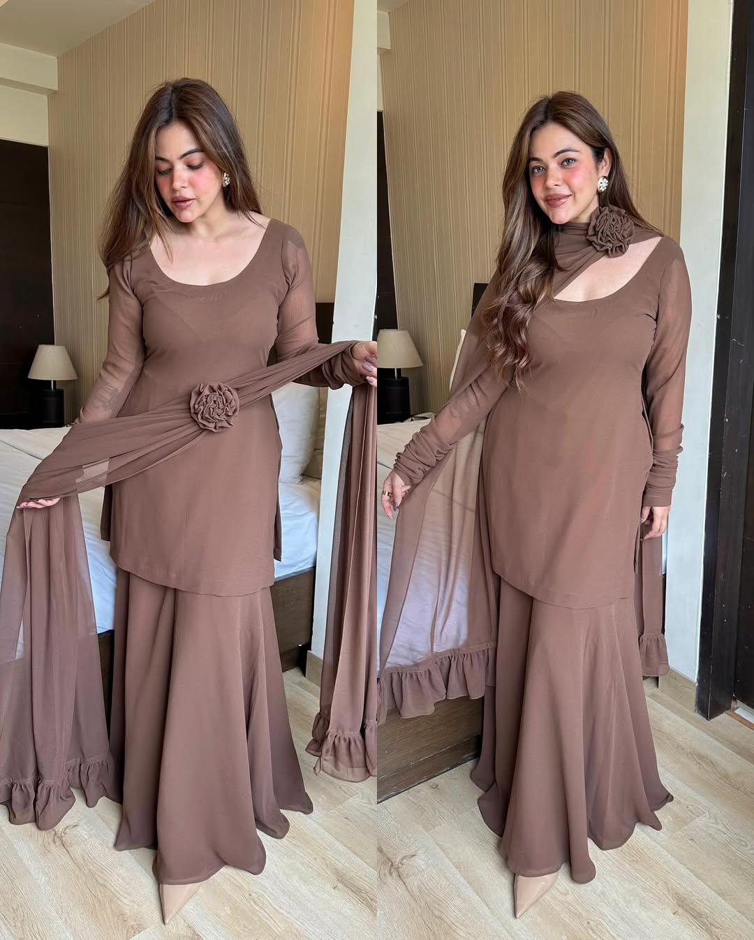 Brown Floral Embroidered Set