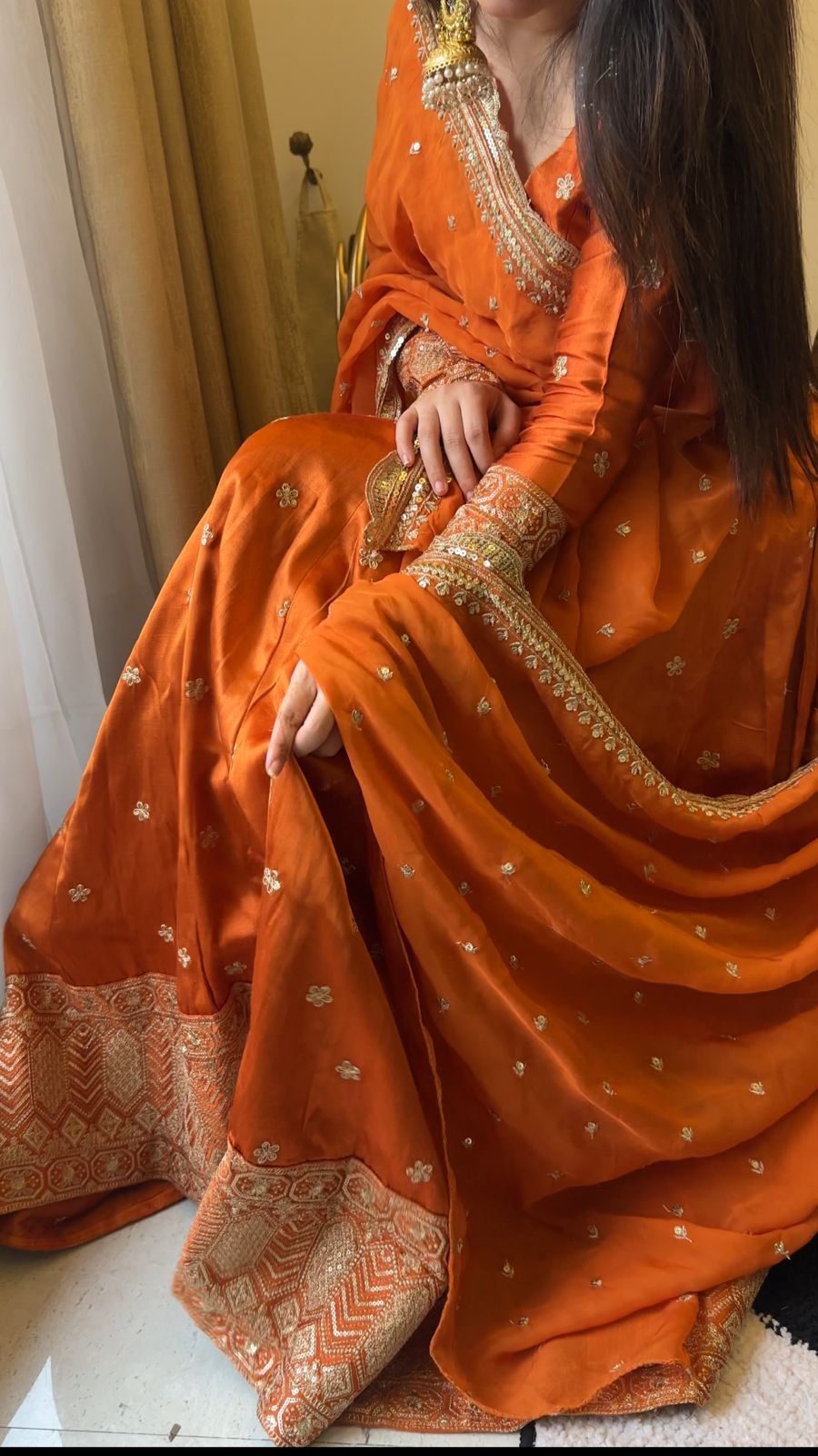 Tittliyan Rust Royal Orange Gajji Silk Lehenga Choli