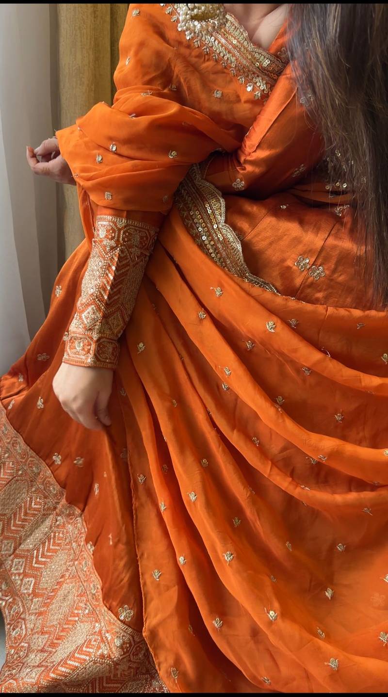 Tittliyan Rust Royal Orange Gajji Silk Lehenga Choli