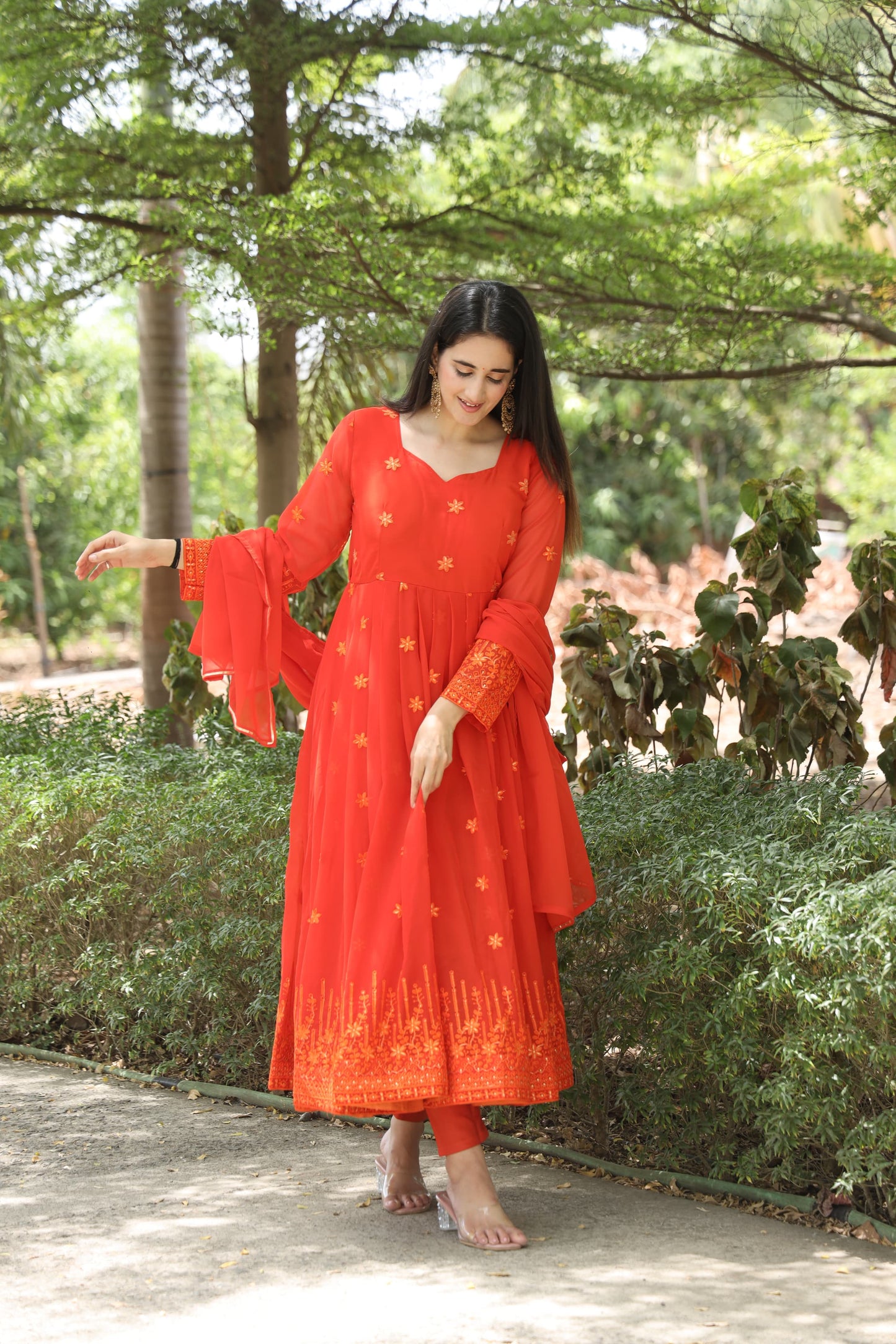 AZANA ORANGE COLOURED ANARKALI SUIT SET