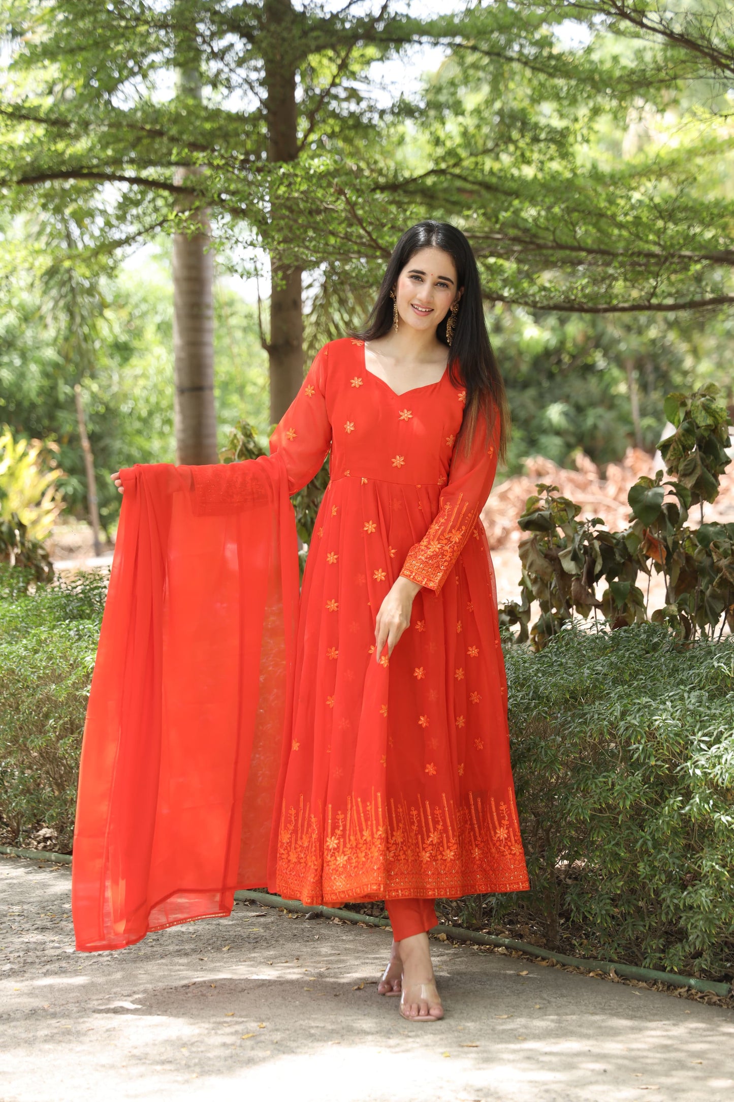 AZANA ORANGE COLOURED ANARKALI SUIT SET