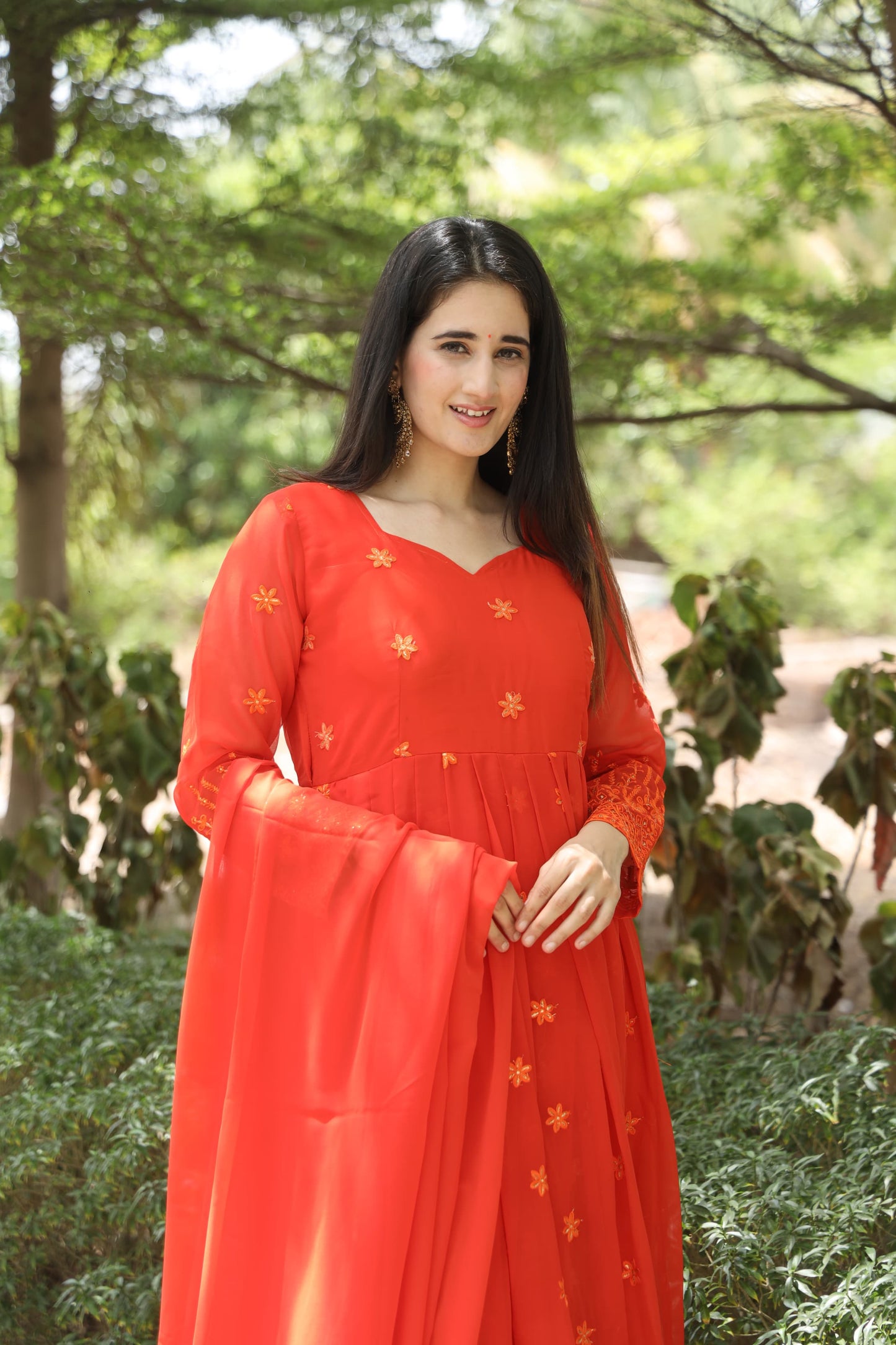 AZANA ORANGE COLOURED ANARKALI SUIT SET