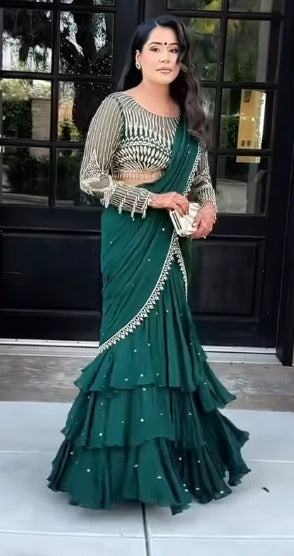 Emerald Green Ruffle Saree with Embellished Blouse