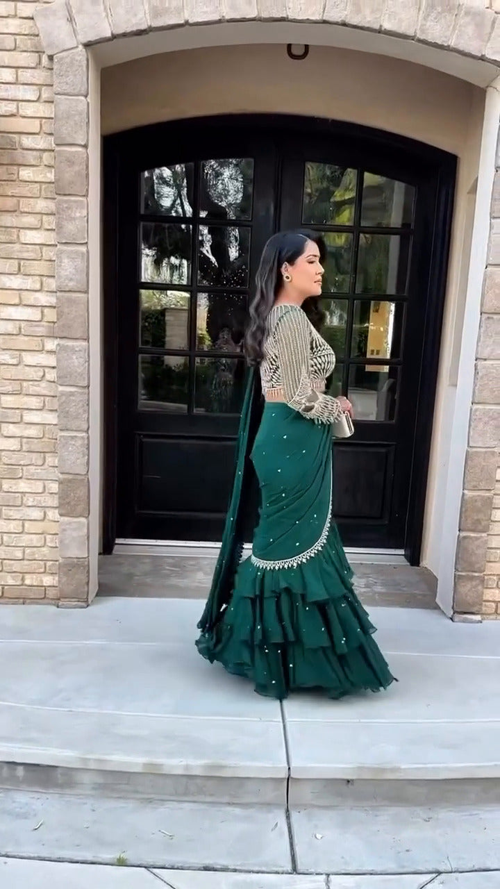 Emerald Green Ruffle Saree with Embellished Blouse