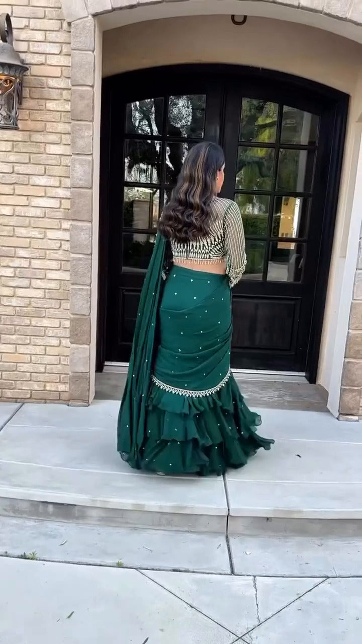 Emerald Green Ruffle Saree with Embellished Blouse