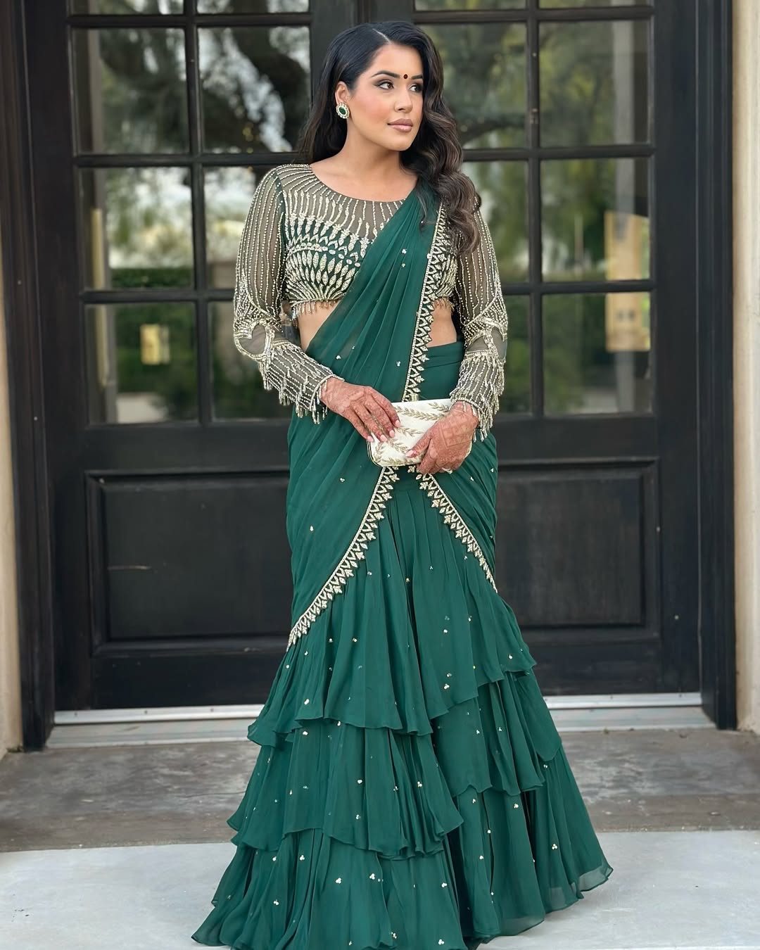 Emerald Green Ruffle Saree with Embellished Blouse