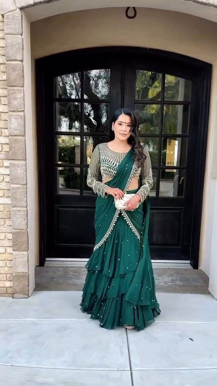 Emerald Green Ruffle Saree with Embellished Blouse