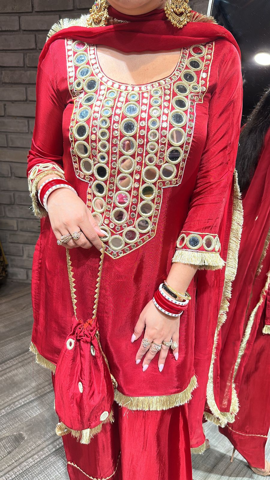 Sindhuri Red Mirror Farshi potli Suit
