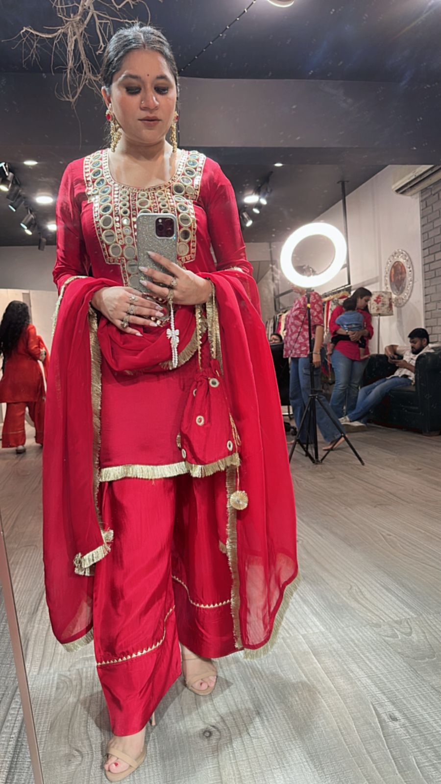 Sindhuri Red Mirror Farshi potli Suit
