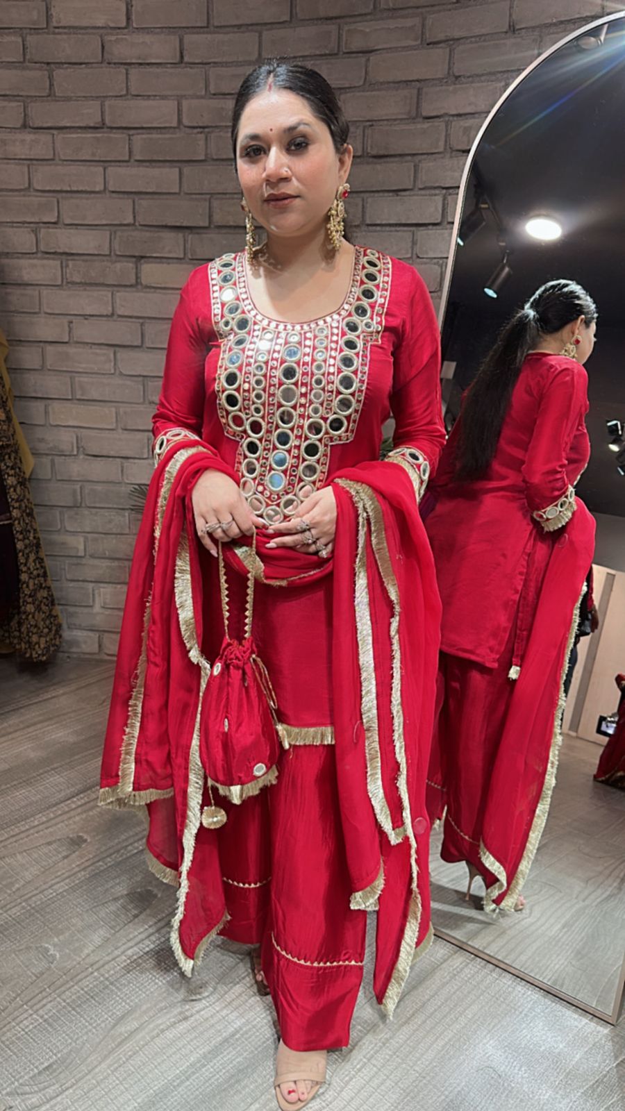 Sindhuri Red Mirror Farshi potli Suit