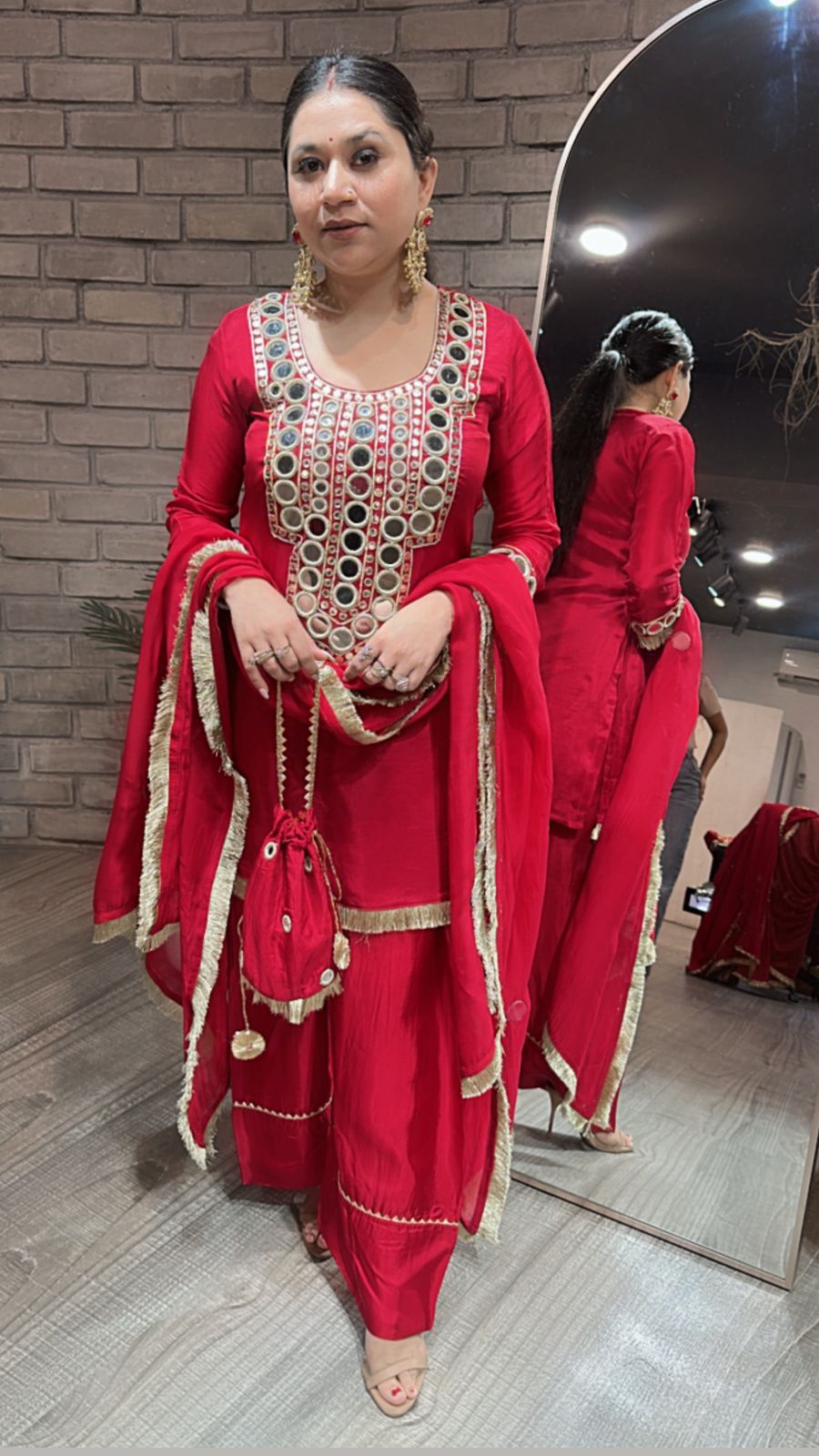 Sindhuri Red Mirror Farshi potli Suit