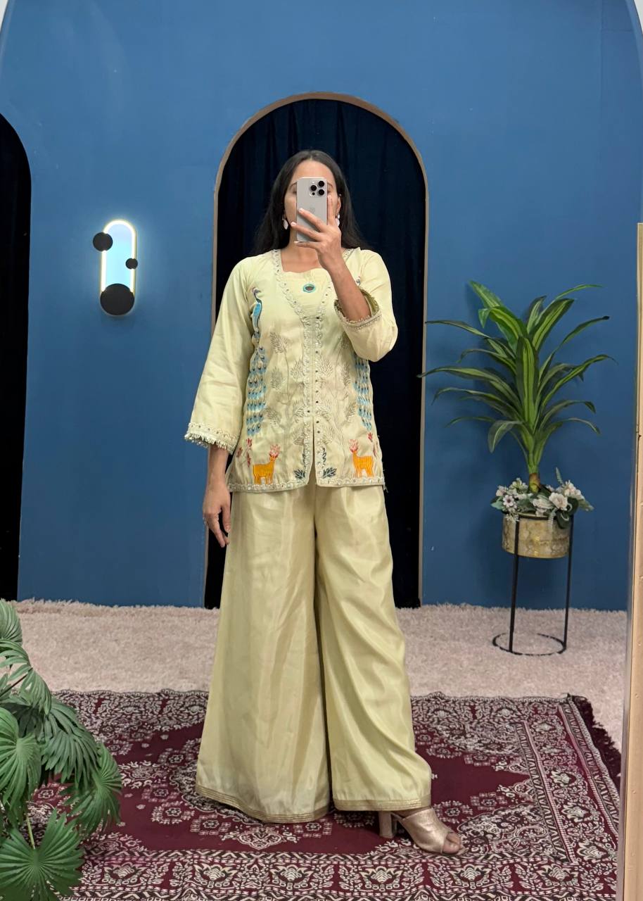 Adaayein Embroidered Koti Co-ord Set on Chimmar Fabric with Stitched Palazzo