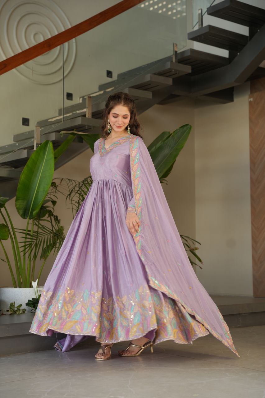 Graceful Chinnon with Sequins & Multi-Thread Embroidery Gown
