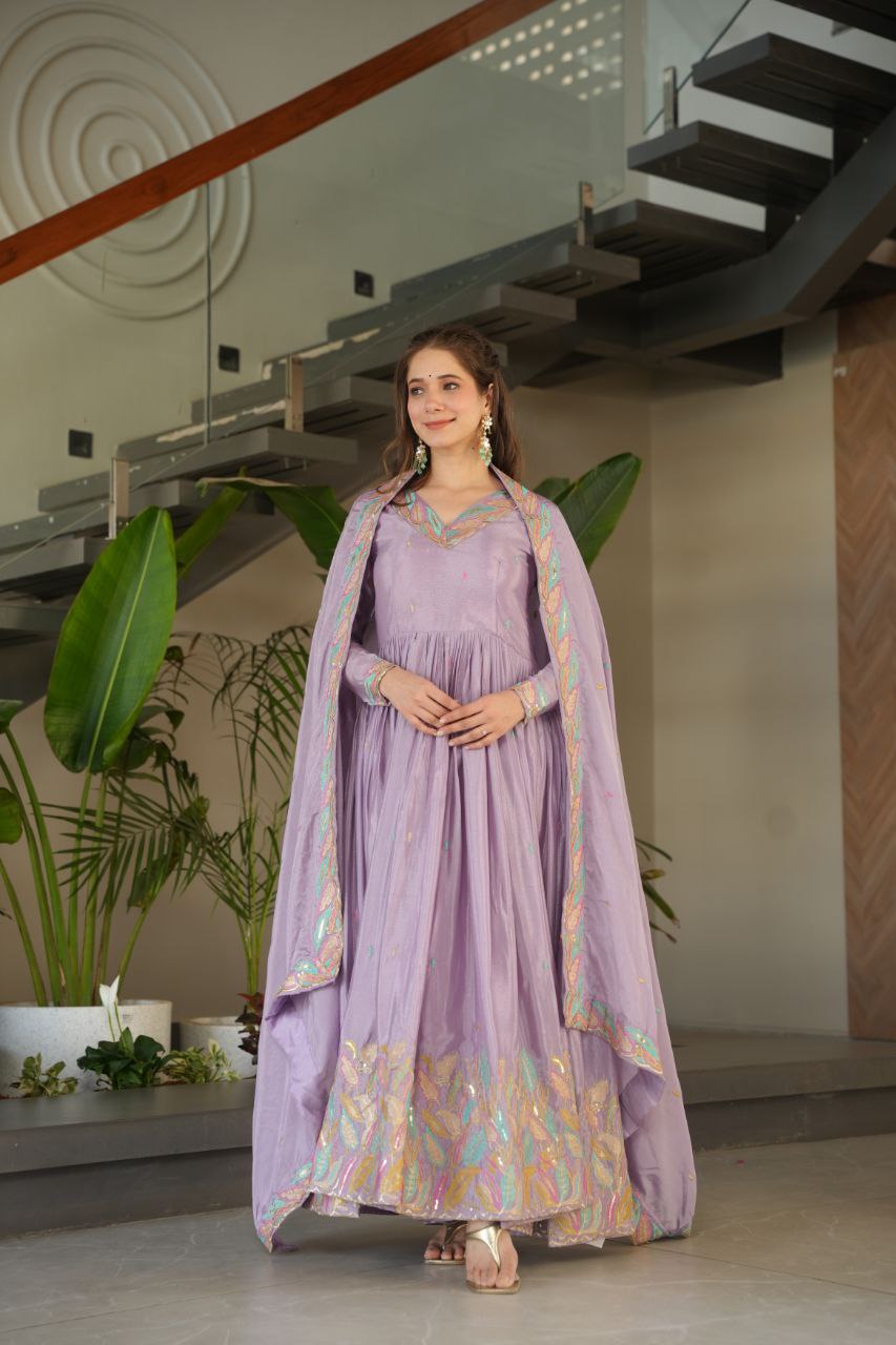Graceful Chinnon with Sequins & Multi-Thread Embroidery Gown