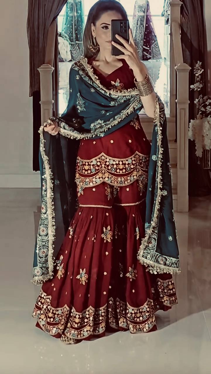 Zehra's Grace: Handcrafted Sharara Set with Intricate Detailing