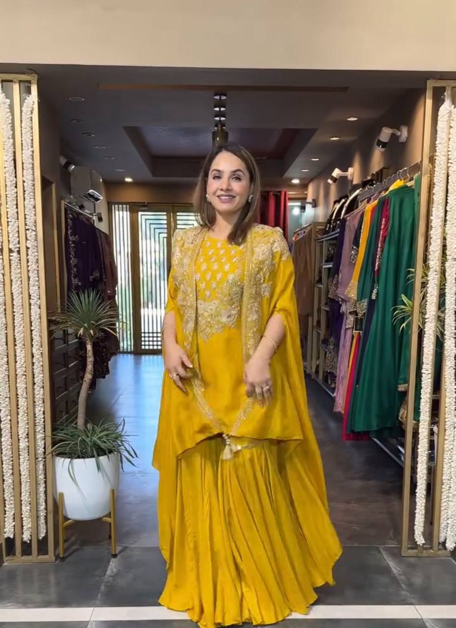 Vruti Mustard & Crimson Draped Sharara Sets with Zari Cape Embroidery Set