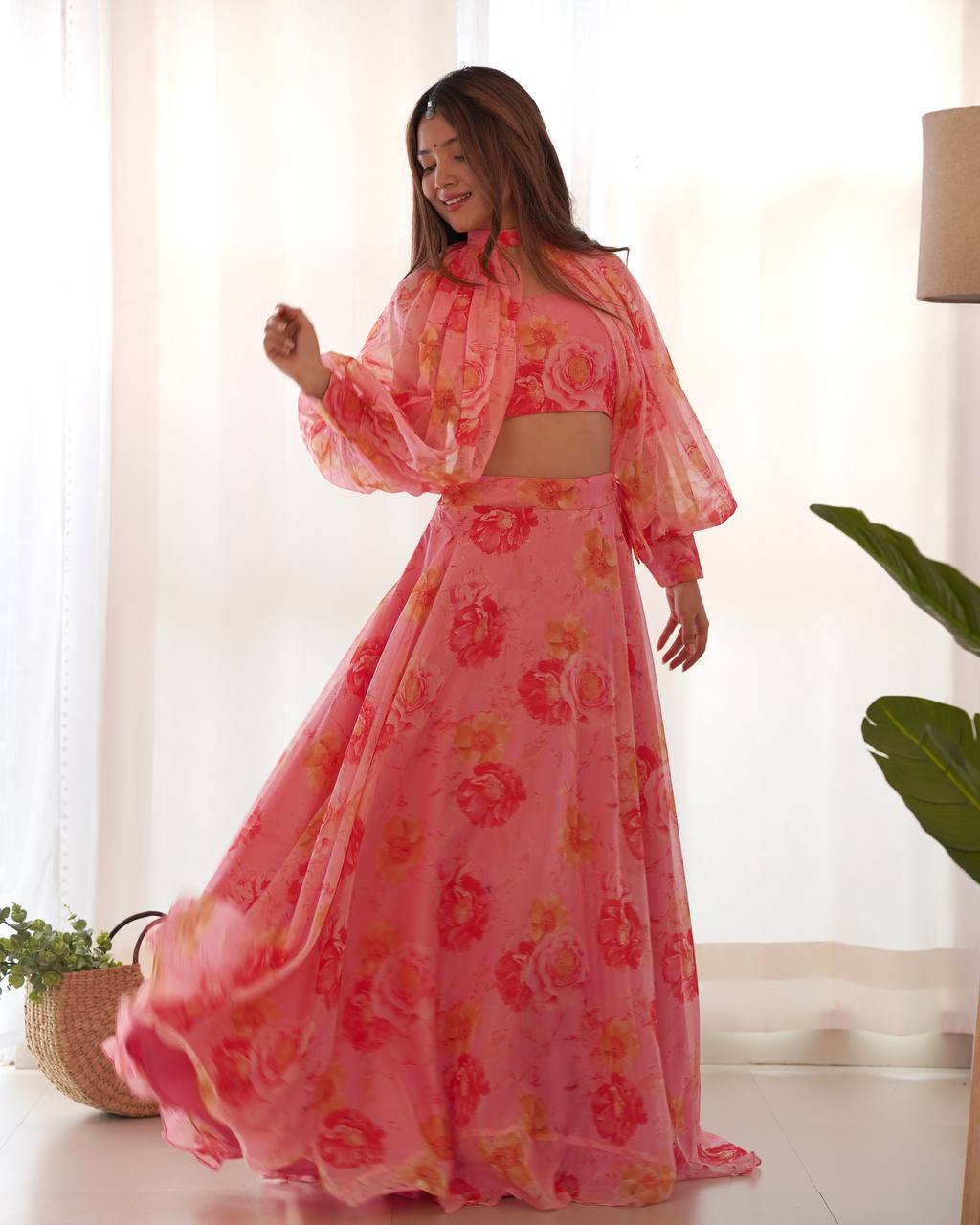 Blush Bloom Multi Floral Organja Fabric Lehengha Choli
