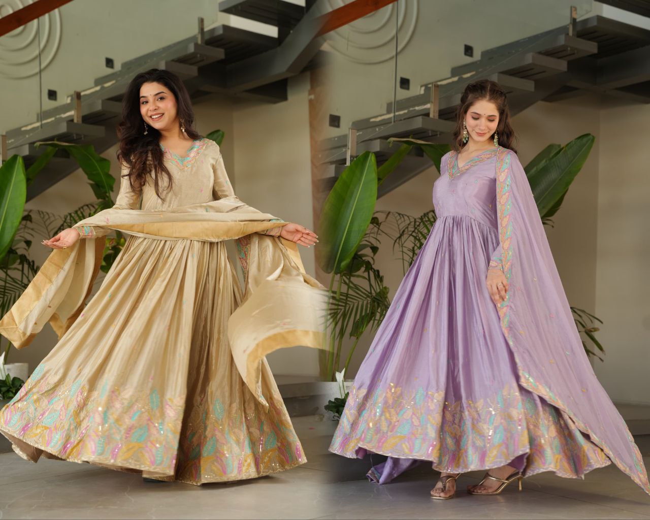 Graceful Chinnon with Sequins & Multi-Thread Embroidery Gown