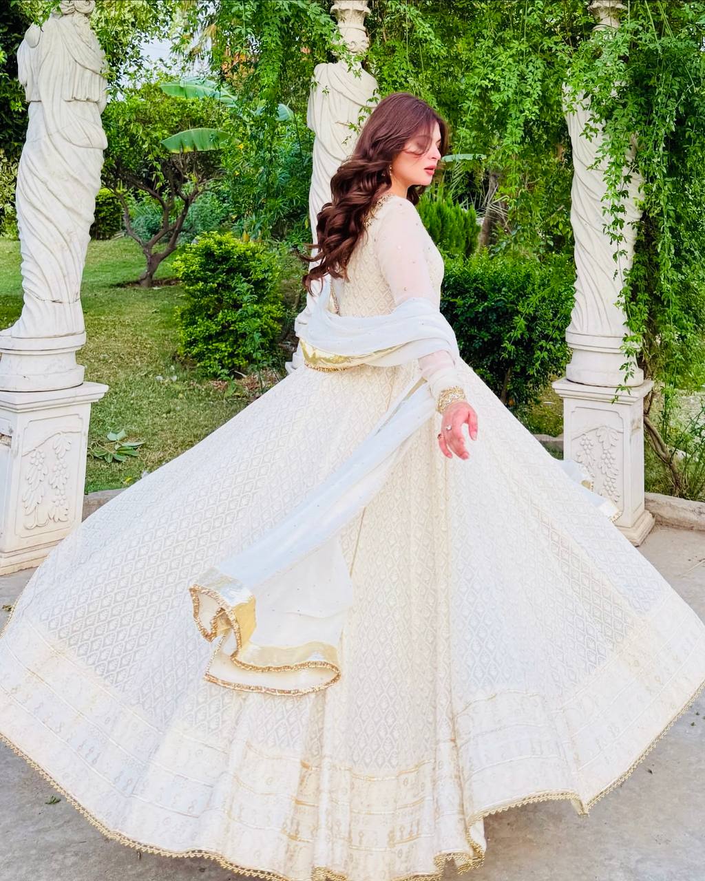 Aliza Golden Grace Royal Borders Embroidery Flowing Anarkali Gown
