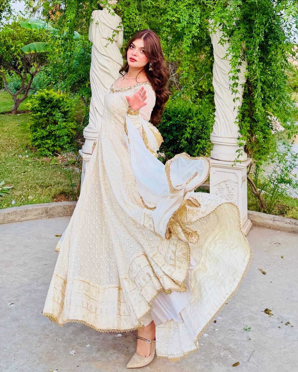 Aliza Golden Grace Royal Borders Embroidery Flowing Anarkali Gown