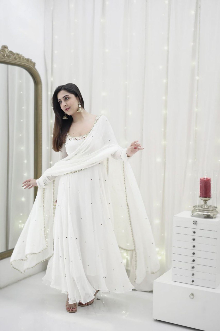 Swan Embroidered Neckline Ethereal White Georgette Anarkali Set